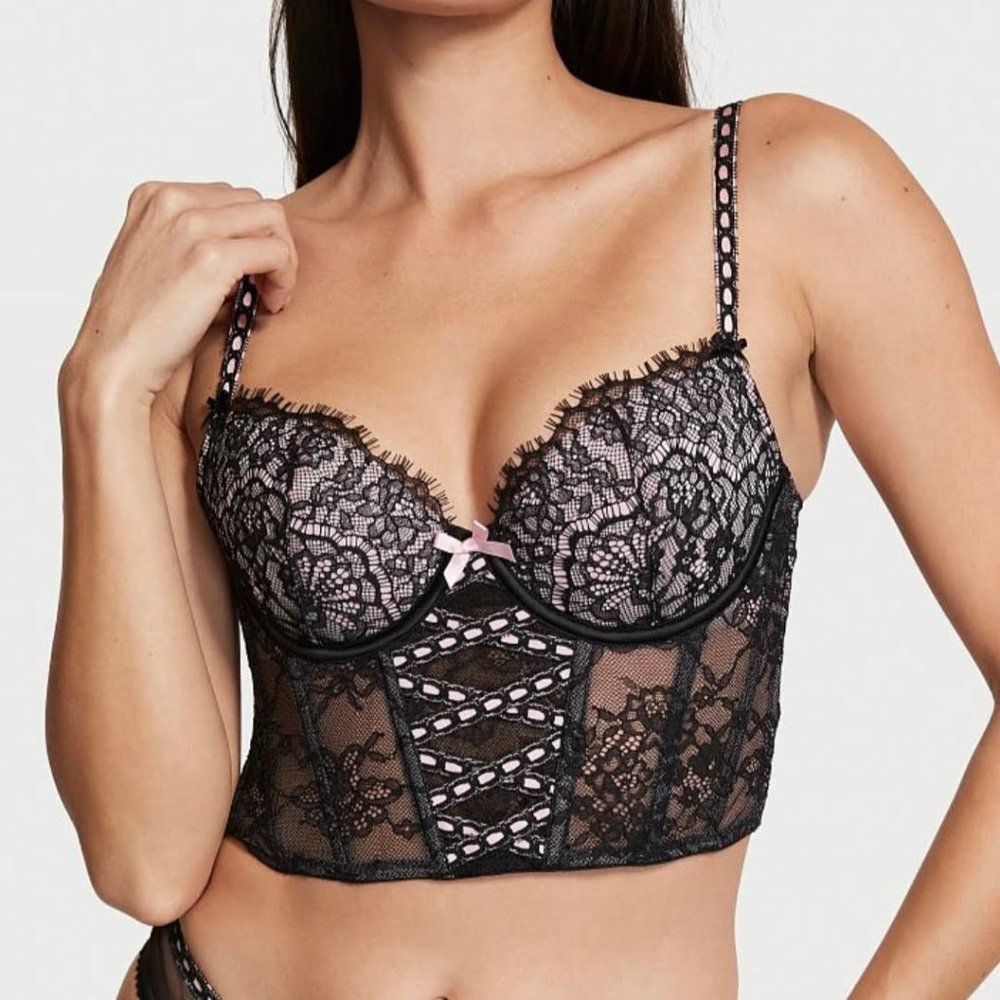 NWT Victoria's Secret Black Lace Longline CORSET Bra with Pink Accents Medium DD